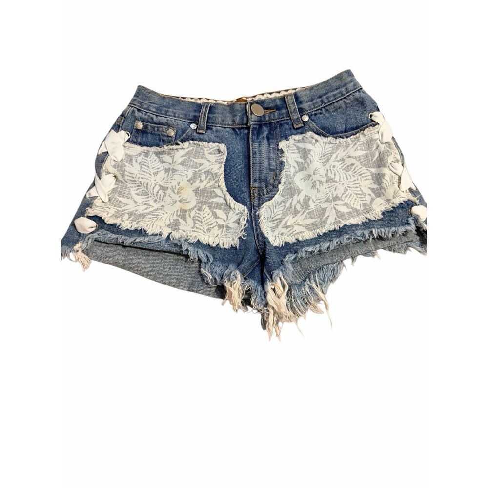 Pol Women's Size Small Blue Denim Cut Off Distressed Lace Overlay Jean Shorts